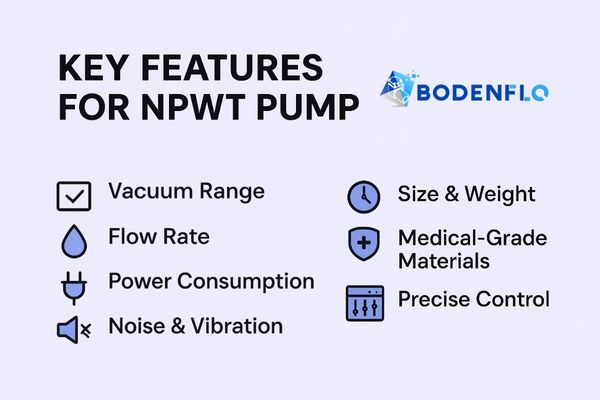 A checklist graphic with icons representing key pump features for NPWT