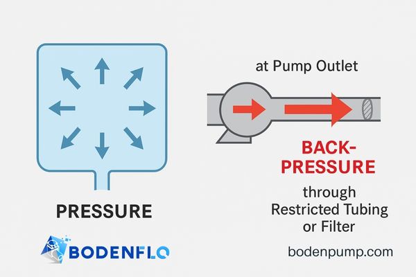 Diagram showing general pressure in a container vs. backpressure at a pump outlet due to a restriction
