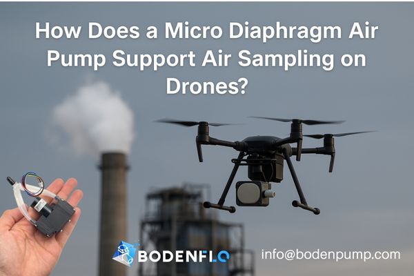 A drone equipped with an air sampling module flying over a field