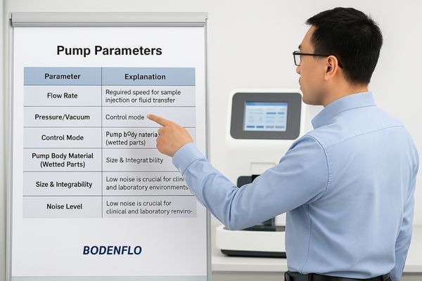 A BODENFLO engineer pointing to a chart of pump parameters with a medical device in the background