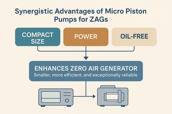 Infographic illustrating how different features of a micro piston pump (size, power, oil-free) synergistically benefit a zero air generator