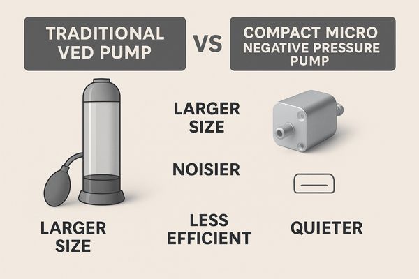 Side-by-side comparison of a traditional VED pump and one of our compact micro negative pressure pumps