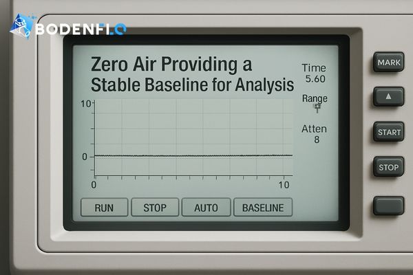 An analytical instrument display showing a flat, stable baseline achieved using zero air