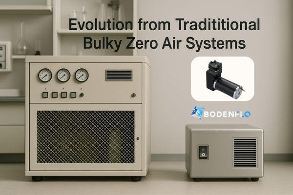 An old, large, and stationary zero air generation system in a lab setting, contrasted with a modern portable unit