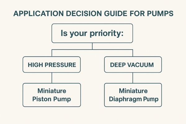 A decision tree guiding a user to either a piston or a diaphragm pump based on application needs