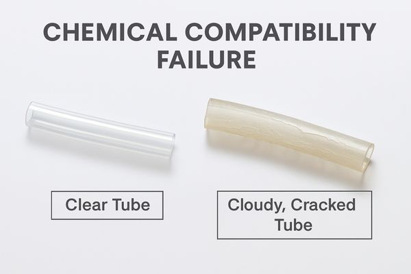 A clear tube next to a cloudy, cracked tube to show chemical degradation