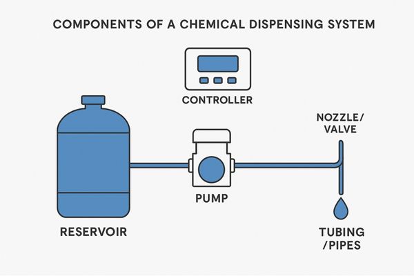 A diagram showing the components of a dispensing system: reservoir, pump, tubing, nozzle