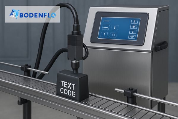 An industrial CIJ printer coding a product on a conveyor belt