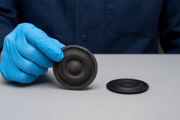 A technician inspecting a worn-out diaphragm next to a new one