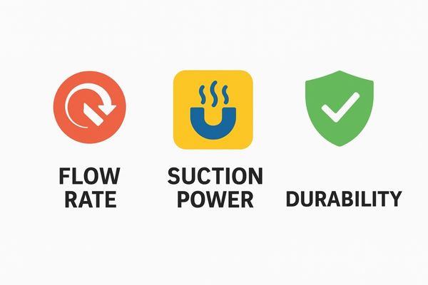 Infographic showing icons for Flow Rate, Suction Power, and Durability