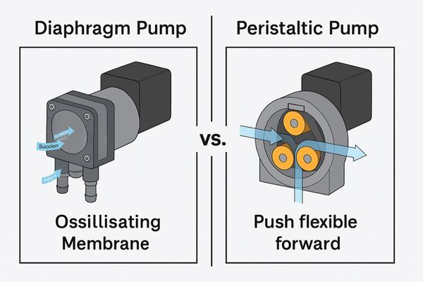 A side-by-side comparison image of a diaphragm pump and a peristaltic pump
