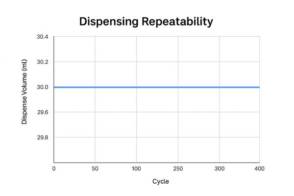 A graph showing a very consistent, repeatable dispense volume over many cycles