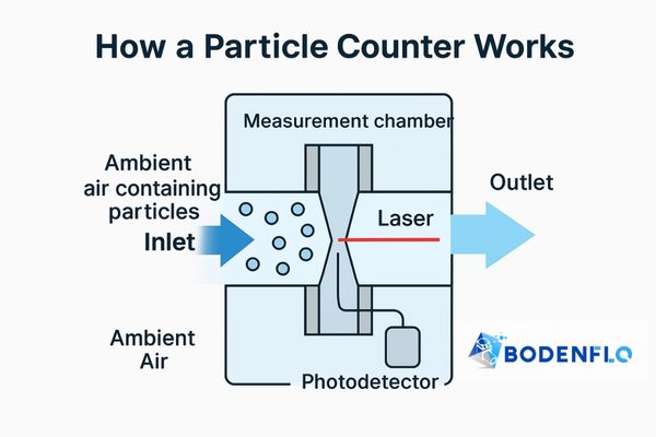 A simplified diagram showing air flowing through a particle counter's laser sensor