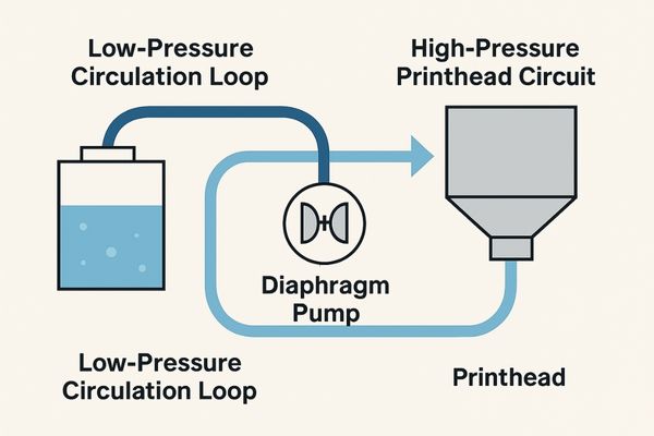 Diagram showing a low-pressure circulation loop feeding a high-pressure printhead circuit