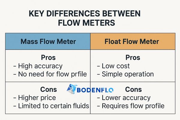 A comparison table showing the pros and cons of mass flow meters and float flow meters