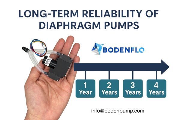 A timeline graphic showing a diaphragm pump running continuously for years