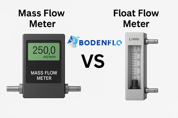 A side-by-side comparison of a digital mass flow meter display and a classic analog float flow meter