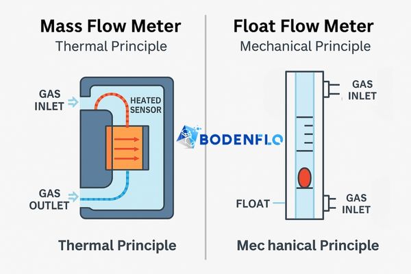 A simplified diagram illustrating the thermal principle of a mass flow meter versus the mechanical principle of a float flow meter