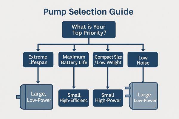 A flowchart guiding a user to the right pump choice based on application needs