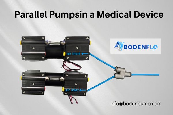Two compact BODENFLO pumps connected in parallel inside a medical device mockup