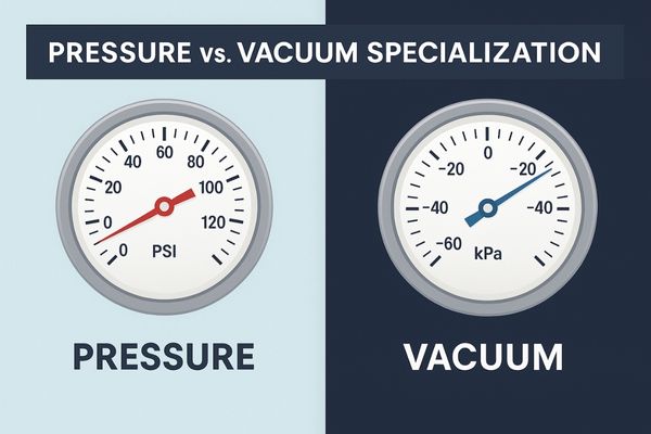 A split image showing a pressure gauge at high PSI and a vacuum gauge at deep kPa