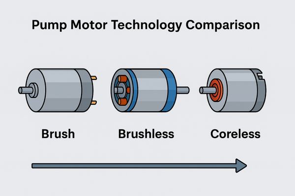 An image showing three motor types side-by-side: brush, brushless, and coreless