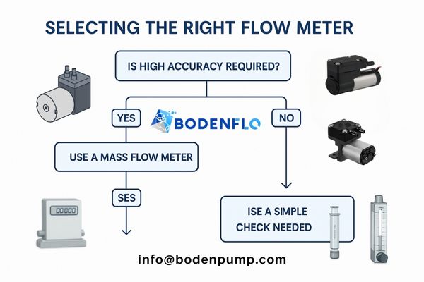 A simple decision tree flowchart guiding the choice between a mass and float flow meter