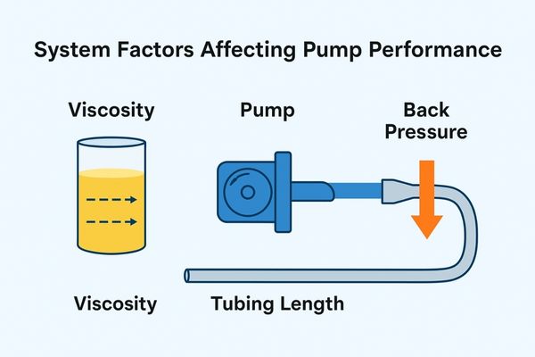 An illustration of system factors like viscosity, tubing length, and back pressure from a nozzle