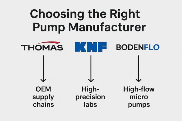 Logos of Thomas, KNF, and BODENFLO with arrows showing their pump application focus: OEM supply chains, high-precision labs, and high-flow micro pumps.