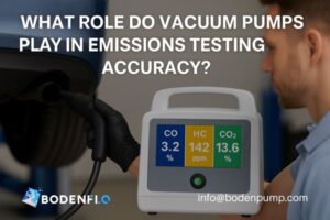 Technician conducting an emissions test with analyzer screen displaying gas levels and overlaid question “What Role Do Vacuum Pumps Play in Emissions Testing Accuracy?”