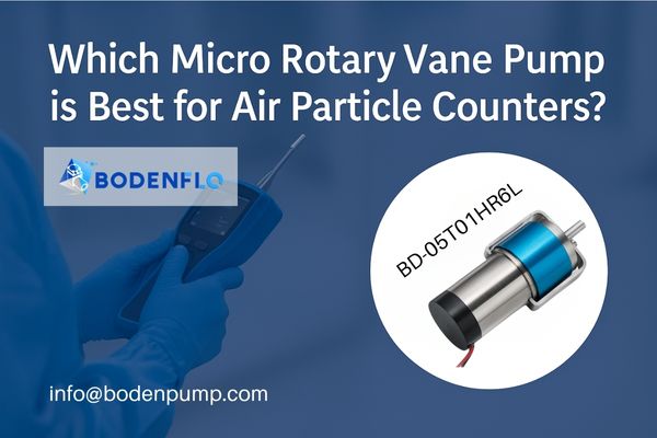 Cleanroom technician holding an air particle counter with a micro rotary vane pump illustration