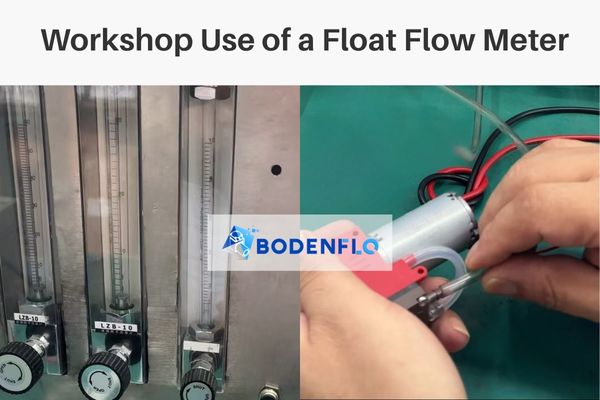An engineer on a workbench using a simple float flow meter for a quick go/no-go check on a prototype