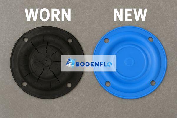 A picture showing a worn-out, cracked diaphragm next to a brand new one