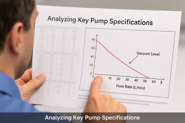 An engineer pointing to a performance curve graph on a datasheet, comparing vacuum level and flow rate