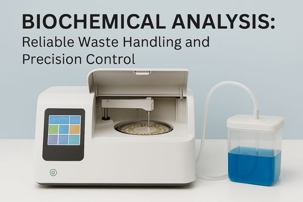 Biochemical analyzer in a laboratory setting performing waste removal and precision fluid control with integrated BODENFLO micro diaphragm pump technology.