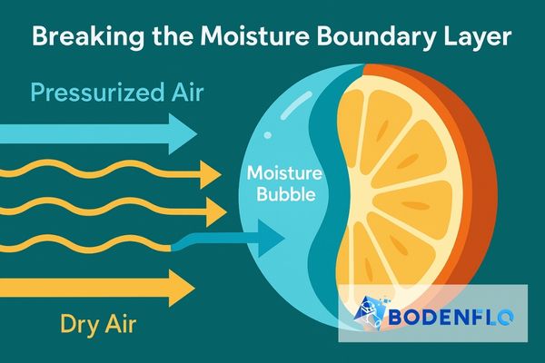 An animation showing pressurized air scrubbing a moisture bubble off a slice of fruit
