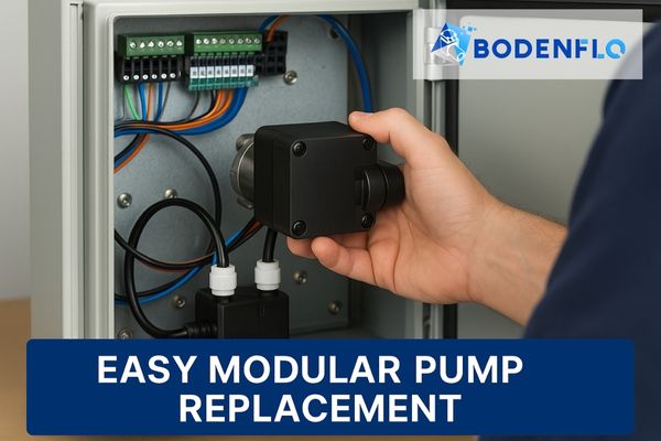 A photo of a technician easily swapping out a modular micro pump from a CEMS control box