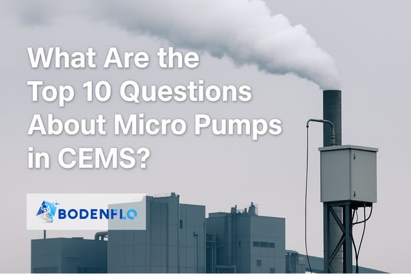 Industrial smokestack with CEMS unit and article title about micro pumps in emissions monitoring