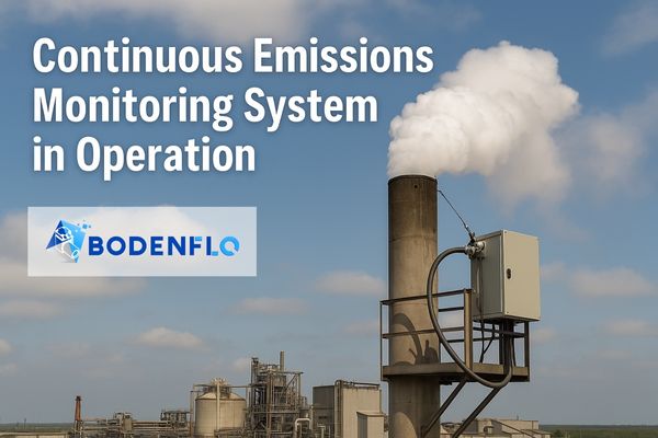 A panoramic image showing a factory smokestack with a CEMS unit attached, highlighting the sampling line