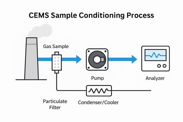 A process flow diagram showing a pump pulling gas through a filter, then a condenser/cooler, then to an analyzer