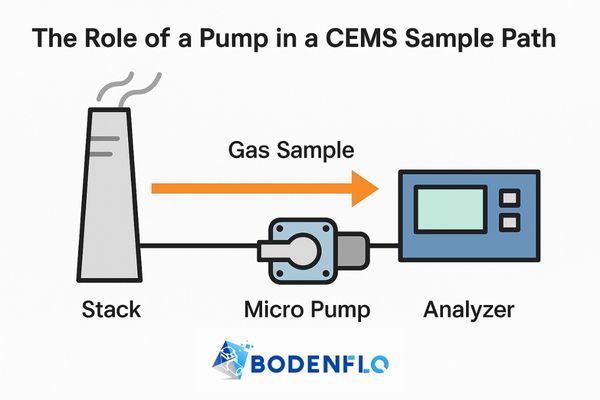 A simplified diagram showing a gas sample's path from a stack, through a micro pump, to an analyzer