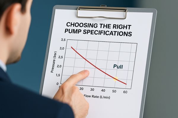 An engineer pointing to a performance curve graph on a datasheet, comparing flow and pressure