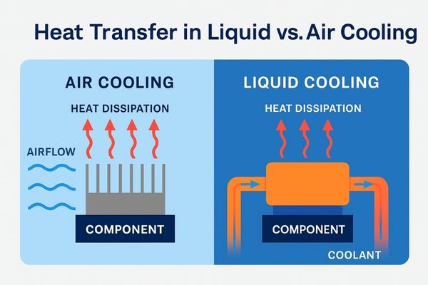 A side-by-side comparison diagram showing heat dissipation in air vs. liquid