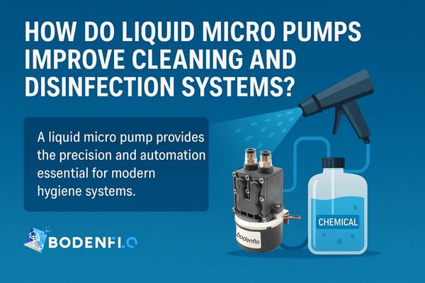 Liquid micro pump connected to chemical container and spray nozzle, illustrating automated cleaning and disinfection system