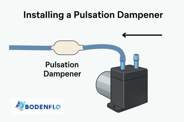 A diagram showing a fluid line with a pulsation dampener installed just after the pump's outlet port