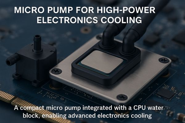 A compact micro liquid pump next to a high-power server CPU with a water block installed