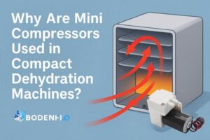 Mini compressor powering airflow in a compact dehydration machine