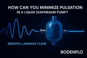 High-tech illustration showing how to minimize pulsation in liquid diaphragm pumps with a pulsation dampener, creating smooth laminar flow.