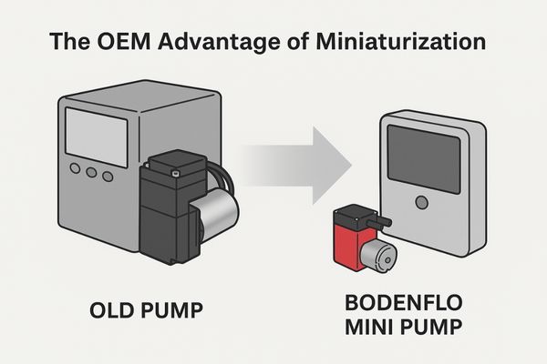 A side-by-side comparison of a cluttered, large device with an old pump vs a sleek, compact device with a BODENFLO mini pump