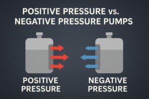 Animated diagram comparing positive pressure and negative pressure pumps, with red arrows pushing outward and blue arrows pulling inward.